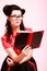 Retro. Pinup girl in eyeglasses reading book