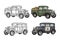 Retro police car and pickup truck with barrel. Vintage engraving