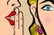 Retro Pop Art style Comic Style Book panel gossip girl whispering in ear secrets with pink cheek, rumor, word-of-mouth concept