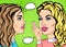 Retro pop art two girls whispering secret, gossiping friends concept in comics sketch style. Blonde and brunette women talking