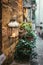 Retro portable lantern decorations and small path in ancient European town