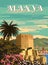 Retro Poster Alanya landmark, Turkey resort, Kizil Kule Red Towert skyline. Vintage touristic travel postcard, placard