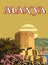 Retro Poster Alanya landmark, Turkey resort, sunset skyline. Vintage touristic travel postcard, placard, vector