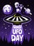 Retro poster concept for world day of ufo. Pictures of funny alien