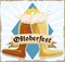 Retro Poster with Double Beer Boot Toasting in Oktoberfest Celebration, Vector Illustration