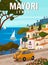 Retro Poster Italy, Mayori resort, Amalfi coast. Road retro car, mediterranean romantic landscape, mountains, seaside