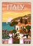 Retro Poster Italy, mediterranean romantic landscape, mountains, seaside town, sailboat, sea. Retro travel poster