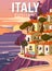 Retro Poster Italy, mediterranean romantic landscape, road, car, mountains, seaside town, sailboat, sea. Retro travel
