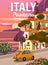 Retro Poster Italy, Positano resort, Amalfi coast. Road retro car, mediterranean romantic landscape, mountains, seaside