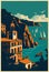 Retro Poster Italy, Positano resort, Amalfi coast. Vector illustration