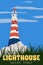 Retro Poster Lighthouse tower, beacon on seashore ocean