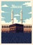 Retro poster Mecca city skyline. Mecca vintage