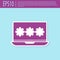 Retro purple Laptop with password notification icon isolated on turquoise background. Security, personal access, user