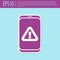 Retro purple Mobile phone with exclamation mark icon isolated on turquoise background. Alert message smartphone