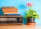 Retro radio with flower and books, vintage still life