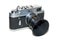 Retro rangefinder film camera with big lens hood, front angled view
