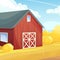 Retro red American barn in an agricultural field. Farming, harvest. Subsistence farming