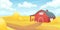 Retro red American barn in an agricultural field. Farming, harvest. Subsistence farming