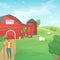 Retro red American barn in an agricultural field. Farming, harvest. Subsistence farming