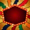 Retro red banner on colorful shining circus wheel background. Design for presentation, concert, show
