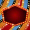 Retro red banner on colorful shining circus wheel background. Design for presentation, concert, show