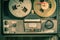 Retro reel-to-reel tape recorder with microphone and roll of tape