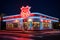 Retro road cafe with neon light illumination at night. Generative AI