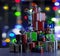 Retro robot in christmas hat,christmas celebration,mountain of boxes,put the box,3d render