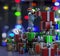 Retro robot in christmas hat,christmas celebration,mountain of boxes,put the box,3d render