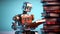 Retro Robot made of junk rusty metal learning Human Civilization by it self reading