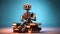 Retro Robot made of junk rusty metal learning Human Civilization by it self reading