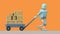 Retro robot moving cart with boxes, 3D video render cartoon style, on orange background, alpha channel