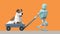 Retro robot pulling a dog on a cart, cartoon style, on orange background, alpha channel