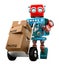 Retro Robot pushing a hand truck with boxes. . Contains clipping path