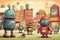 Retro Robot Revolution, a whimsical parade of robots in a vintage town square. Risography Retro Tech ..