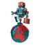 Retro Robot with shopping bag walking around the globe. . Contains clipping path