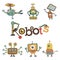 Retro Robots Design Set Flat Vector Illustration Isolated on White