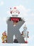 Retro robots holding a big  metal letter K with blue sky