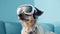 Retro Rock Dog Wearing Virtual Reality Goggles On Blue Sofa