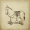 Retro rocking toy donkey or horse on wheels sketch vector illustration. Vintage toys drawn by hands sketch ink pen on a