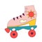 Retro roller skates icon patterned with sun and cloud. Vintage pink shoes in psychedelic 1970 style. Romantic activity vibe