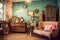 retro room with classic furniture, shabby chic decor, and vintage accessories