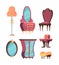 Retro room furniture set. Trendy antique living room interior vintage chest drawers oval mirror soft chair in old style