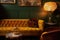 retro room with plush velvet sofa, gold accents and vintage lamps