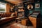 retro room with record player, vinyl records, and leather chesterfield sofa