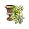Retro rusty garden vase with hosta and hemerocallis flowers. Hand drawn sketch.