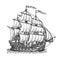 Retro sailing ship sailing on waves. Hand drawn vector sketch. Nautical retro water transport in vintage engraving style