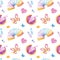 Retro seamless pattern. 90s toys, slinky rainbow, bubble gum, butterfly hairpins, sweets.