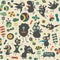 Retro seamless pattern with happy monsters and colorful flowers.