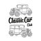 Retro sedan. Side view. Classic Car Club lettering. Engraving